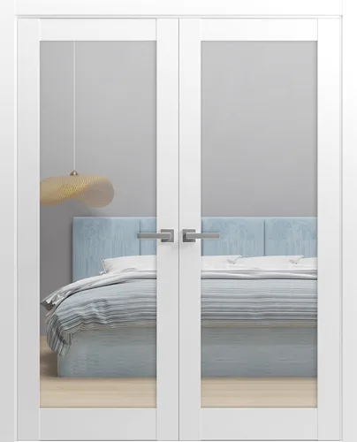 Miniatura 7 de SARTODOORS Puertas dobles francesas macizas de 48 x 96 pulgadas de vidrio transparente Lucia 2166 blanco mate Marcos de panel sólido de madera