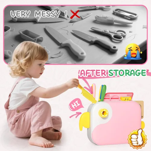 Miniatura 9 de Juego de cuchillos de cocina para niños para cocinar de verdad con caja de almacenamiento rosa, juguete de cocina Montessori con tabla de cortar
