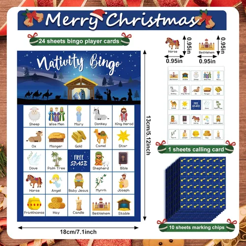 Miniatura 2 de Shappy Juego de Bingo de Natividad Navideña de 35 Piezas, Juego de Bingo Cristiano para 24 Jugadores, Tarjetas de Natividad para Familia, Amigos