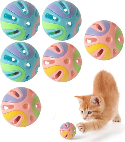 Miniatura 7 de Pelotas de juguete coloridas para gatos con campana, 6 unidades, diseño hueco interactivo, plástico, juguete de ejercicio de entrenamiento