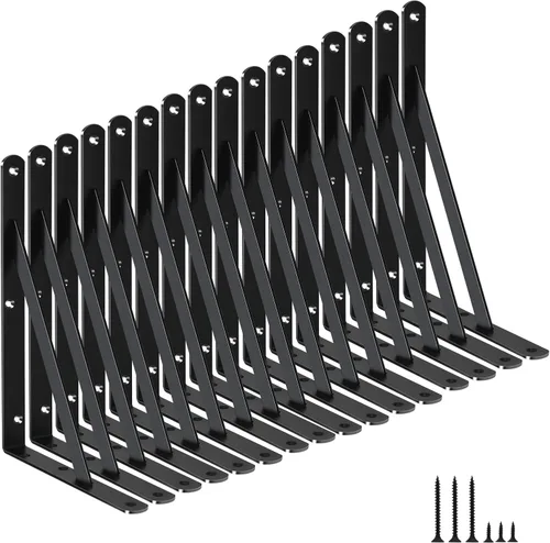 Miniatura 22 de Paquete de 16 soportes de estante resistentes negros de 20 pulgadas de largo x 12 pulgadas de alto con tornillos, soportes de estante de metal