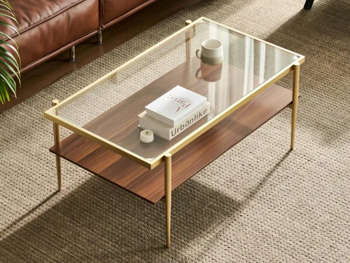 Miniatura 16 de Shrine - Mesa de café rectangular, diseño moderno de mediados de siglo, estructura de 2 niveles, parte superior de vidrio ámbar y estante de MDF