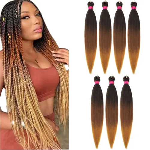 Miniatura 23 de Cabello trenzado preestirado, cabello trenzado degradado de 28 pulgadas, paquete de 8 extensiones de cabello trenzado de mezcla de colores sedosos