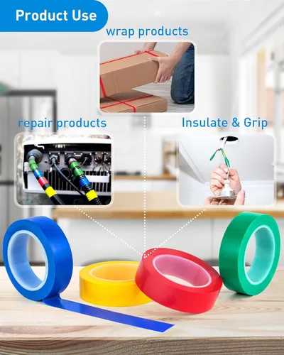 Miniatura 6 de Cinta eléctrica, 8 rollos, 4 colores azul, verde, rojo, amarillo, adecuado para reparación profesional de electricistas, electrodomésticos, equipos