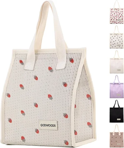 Miniatura 10 de TELLUMO Bolsa de almuerzo de corduroy para mujeres y hombres, linda bolsa de almuerzo con aislamiento y gran capacidad (7.5L), bolsa de almuerzo