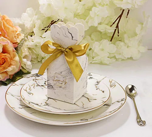 Miniatura 6 de Lontenrea 50 cajas de dulces para boda, fiesta de cumpleaños, caja de regalo con 50 cintas doradas para decoración