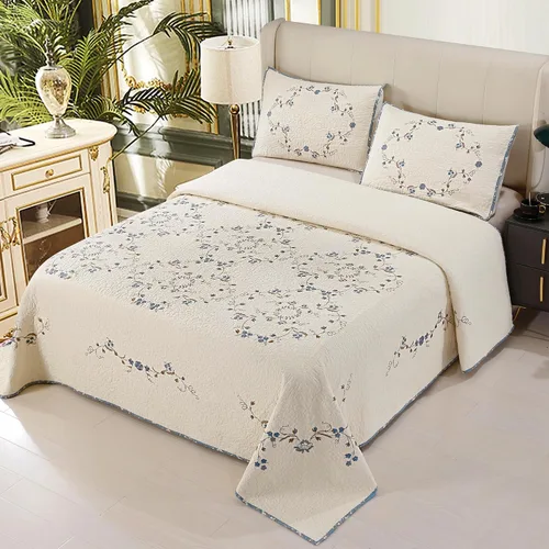 Miniatura 2 de Juego de edredón azul floral con patrón de bordado 3D de 2 piezas, 100% algodón, reversible, acolchado bordado decorativo, cubrecamas, juego