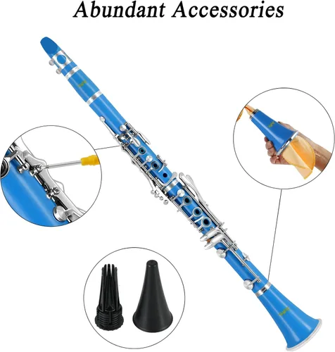 Miniatura 4 de Clarinete BB para estudiantes principiantes Clarinete plano B Clarinete de 17 teclas con correa de soporte de estuche, 2 barriles, 8 boquillas, Azul