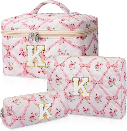 Miniatura 9 de Set de Bolso de Maquillaje Inicial Junesters, Bolso de Maquillaje Acolchado Personalizado, Bolso de Cosméticos Floral Grande para Mujeres, Bonitos