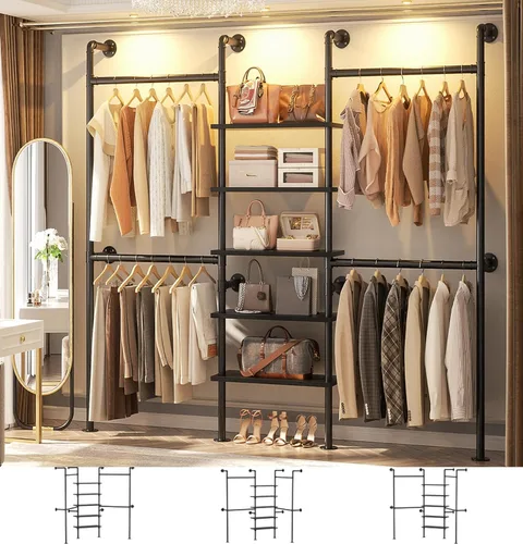 Miniatura 2 de Aheaplus Perchero industrial de tubo, perchero reversible de 6.42 pies para colgar ropa, resistente de 5 niveles para armario, perchero con Negro