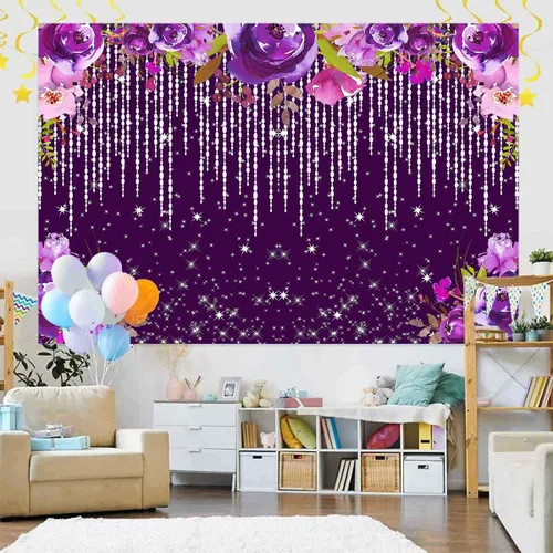 Miniatura 3 de Telón de fondo morado con purpurina de 7 x 5 pies, telón de fondo de acuarela con diamantes plateados brillantes, decoración de fiesta de té Bokeh