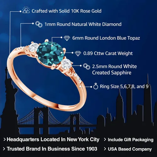 Miniatura 21 de Gem Stone King Anillo de compromiso de 3 piedras preciosas redondas de oro rosa de 10 quilates, 0.236 in, piedra natal, zafiro blanco y diamante
