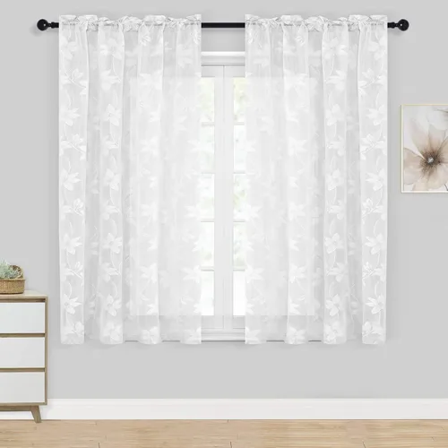 Miniatura 8 de DWCN Paquete de 2 cenefas de encaje floral para cocina, 52 x 18 pulgadas, con bolsillo para barra, cortina de gasa para ventana pequeña, cocina