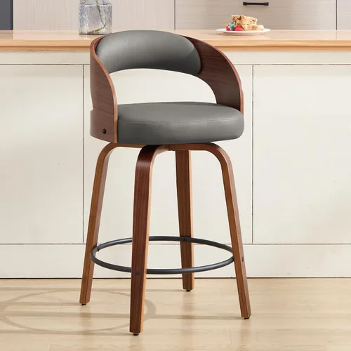 Miniatura 38 de Juego de 1 taburete de bar giratorio, 26" de cuero sintético tapizado, altura de mostrador con respaldo, silla de bar moderna de mediados de siglo