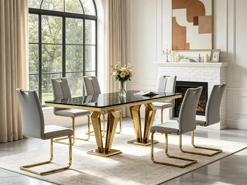 Miniatura 70 de 5 Piece Black Marble Dining Table Set for 4, Modern Faux Marble Kitchen Dining Room Tables with 4 Leather Chairs Set, 68.11" Luxury Rectangular
