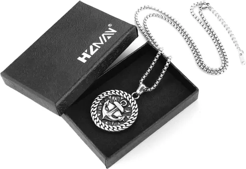 Miniatura 6 de HZMAN Collar de ancla náutica vikingo nórdico para hombres y niños, de acero inoxidable, brújula y timón, regalo de joyería, Acero inoxidable, No es