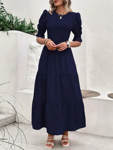 Miniatura 82 de BTFBM Vestidos para mujer, cuello redondo, casual, de verano, con volantes, manga corta, bohemio, con niveles, fruncido, largo, con estampado floral