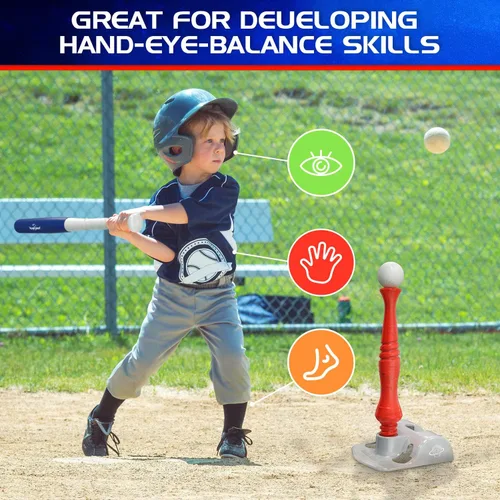 Miniatura 4 de EagleStone Juego de T-Ball para niños de 3-5, 5-8 años, juego de Tee Ball para niños pequeños, juguete de béisbol al aire libre incluye 6 bolas