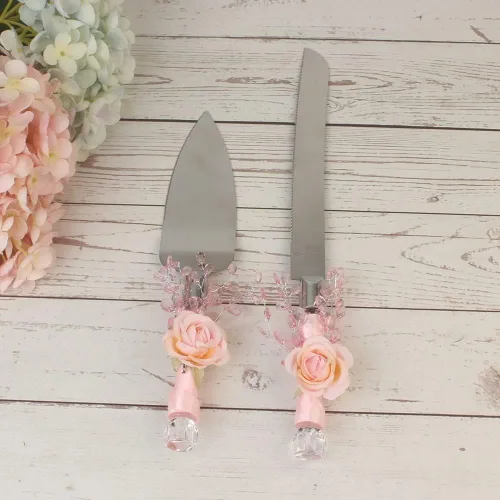 Miniatura 2 de Juego de 2 piezas de pala para tartas serie rosa, accesorio para sitios de boda, cuchillo de pan, suministros de boda occidental, acero inoxidable