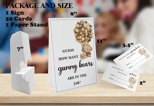 Miniatura 2 de GNATV Guess How Many Gummy Bears Are in the Jar - 1 cartel de pie y 50 tarjetas de adivinanzas, juego de baby shower con temática de oso para niños