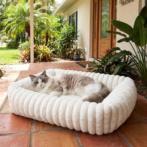 Camas para gatos de interior, cama cuadrada autocalentable para gatos, cama ortopédica para mascotas con almohada de piel de conejo súper suave,