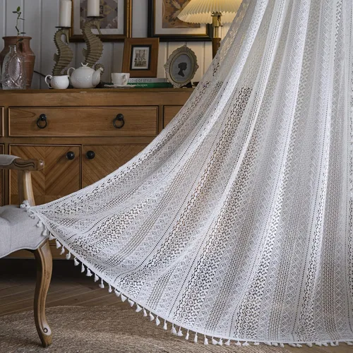 Miniatura 19 de Deeprove Cortinas bohemias para dormitorio, rayas huecas de ganchillo crema y estampado floral, tela de lino de algodón, con borlas beige bohemias