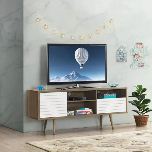 Miniatura 4 de Tangkula Soporte de TV moderno Mid-Century para televisores de hasta 70 pulgadas, mesa consola de madera con estantes de almacenamiento, gabinete