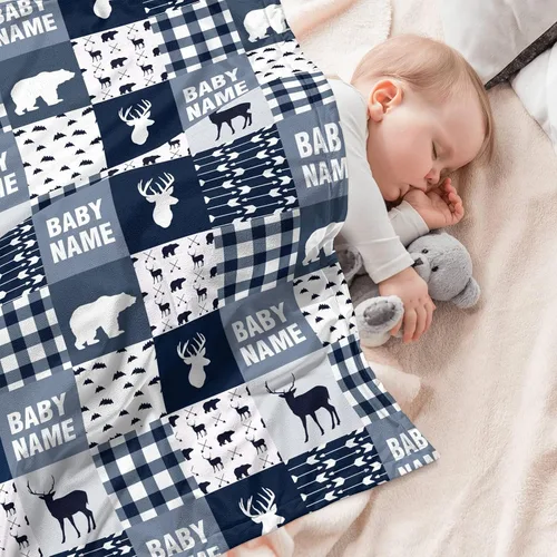 Miniatura 3 de Woodland - Manta de forro polar personalizada con nombre, manta personalizada de oso de ciervo para niños y niños, regalos de cumpleaños, manta azul