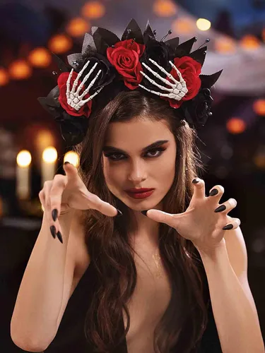Miniatura 4 de Woeoe Diadema de Halloween FLower para el Día de los Muertos, diseño floral, araña, murciélago, fiesta, tocado para mujeres y niñas