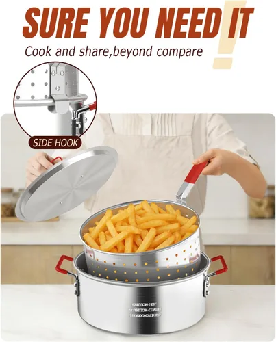 Miniatura 4 de Freidora de pescado de aluminio de 10 cuartos con cesta, freidora con tapa, termómetro, pinzas para freidora y mango de fácil agarre para cocinar