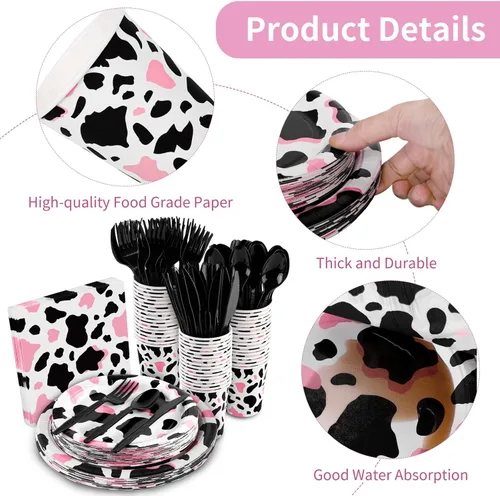 Miniatura 3 de Durony 350 piezas juego de vajilla de fiesta rosa con estampado de vaca que incluye platos, tazas, servilletas, cuchillos, tenedores, cucharas