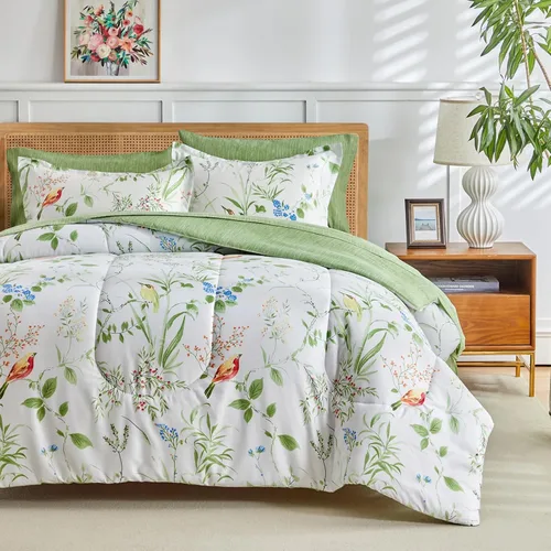 Miniatura 3 de Joyreap - Juego de ropa de cama tamaño Queen en una bolsa, 7 piezas, juego de edredón floral, hojas verdes y pájaros coloridos sobre diseño blanco
