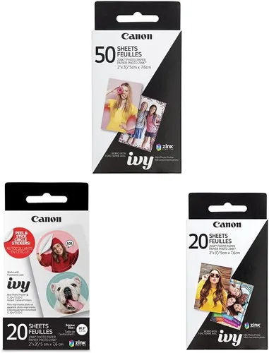 Canon ZINK - Paquete de papel fotográfico, 50 hojas y papel adhesivo circular precortado IVY ZINK, 20 hojas y paquete de papel fotográfico Zink, 20