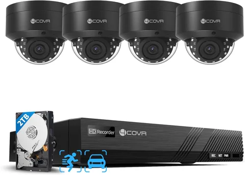 Sistema de cámara de seguridad 4COVR 4K PoE, detección de humanos y vehículos con AI, 4 piezas de cámara IP domo de 8 MP IK10 a prueba de vandalismo