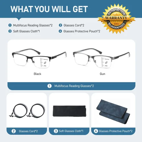 Miniatura 8 de LKEYE Gafas de lectura multifoco para hombre, sin línea, lector multifocal progresivo, luz azul, marco de metal, lentes trifocales
