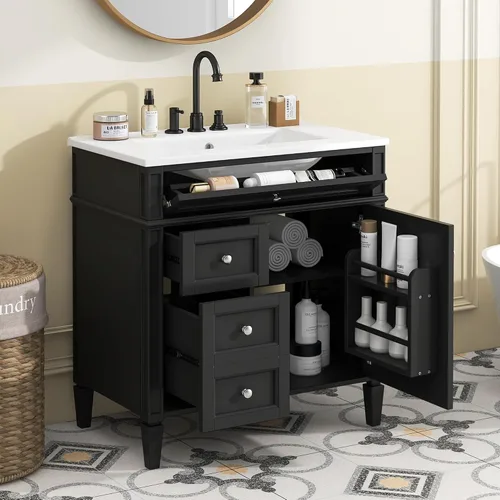 Miniatura 9 de Virubi Tocador de baño de 30 pulgadas con fregadero de cerámica, armario de almacenamiento independiente moderno con 1 puerta, 2 cajones y cajón Azul