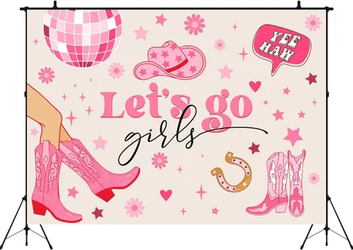 Miniatura 4 de Telón de fondo para niñas con texto en inglés "Let's Go Girls" de 7 x 5 pies, diseño de vaquera para cumpleaños, disco espacial Yee Haw, despedida