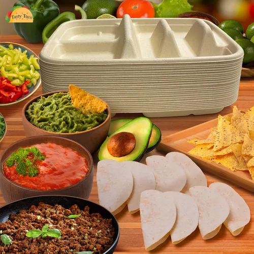 Miniatura 5 de Platos desechables para tacos para 2 tacos y 2 guarniciones – PACK de 50 Platos de papel premium con divisores, soporte para tacos de fiesta