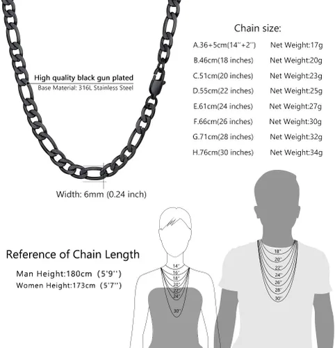 Miniatura 5 de PROSTEEL 316L Stainless Steel Figaro Chain Necklace for MenWomen, Black18K Real Gold Plated, 4mm to 13mm, 14inch to 30inch, Come Gift Box
