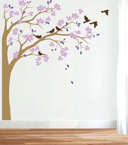 Miniatura 3 de Adhesivo decorativo para pared de árbol de esquina grande con flores grandes, pájaros y hojas para cuarto de bebé, mural 087