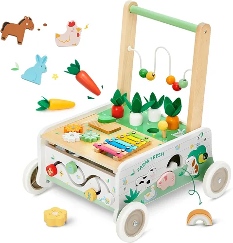 Andador de madera para bebés, caminador de empuje para bebés, caminador de bebé de velocidad ajustable con rueda, centro de actividades para niños