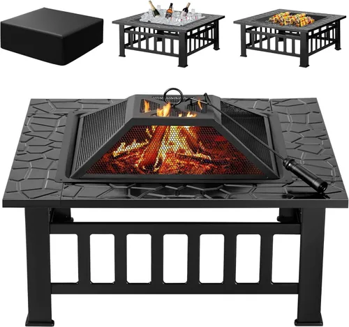 Devoko Hoguera para exteriores, mesa de fogata de 32 pulgadas, chimeneas de metal para exteriores con cubierta impermeable para patio exterior y
