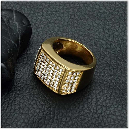 Miniatura 3 de Xusamss Hip Hop chapado en oro de 18 quilates de acero inoxidable cuadrado anillo de cristal