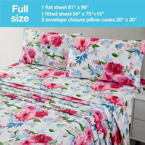 Miniatura 2 de JSD Juego de sábanas de acuarela con diseño floral de rosas, tamaño completo, 4 piezas, sábanas de microfibra suave estampada, bolsillo extra Floral