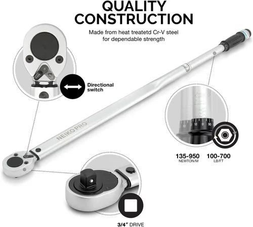 Miniatura 3 de Neiko PRO 03710B Llave dinamométrica SAE ajustable de transmisión de 3/4 pulgadas con ajustes de clic de torque de 100-700 libras-pie, fabricada