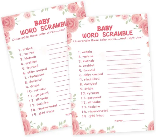 OLOUTAB 50 Juegos de Baby Shower para Niña - Juego de Palabras con Tema Floral, Cartulina Gruesa, Divertido y Fácil de Jugar (Con Respuesta)