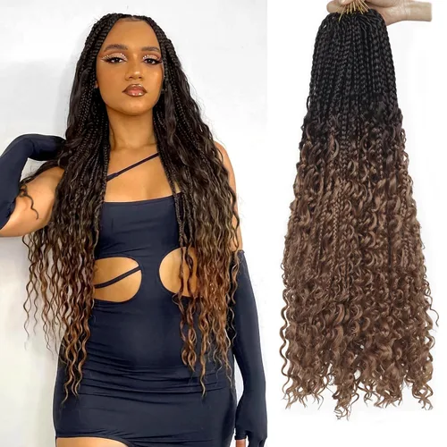 Miniatura 38 de Goddess Box Braids - Trenzas de cabello a ganchillo con extremos rizados, trenzas de caja bohemianas de 16 pulgadas, trenzas de ganchillo, 8 1B-4-30
