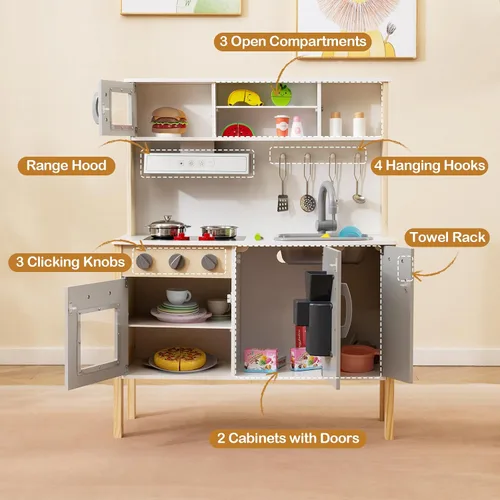 Miniatura 5 de HONEY JOY Juego de cocina para niños, cocina de madera para niños pequeños, microondas, campana extractora, máquina de hielo, 18 accesorios de Gris