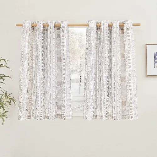 Miniatura 29 de NICETOWN Cortinas bohemias de lino transparente para sala de estar, cortinas semitransparentes de granja con patrón de rayas bohemias, cortinas Gris