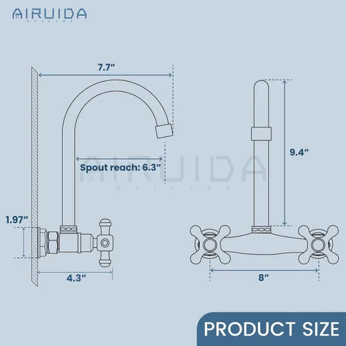 Miniatura 6 de Airuida Grifo de fregadero de cocina de montaje en pared, grifo central de 8 pulgadas, grifo de cocina comercial montado en la pared, mezclador